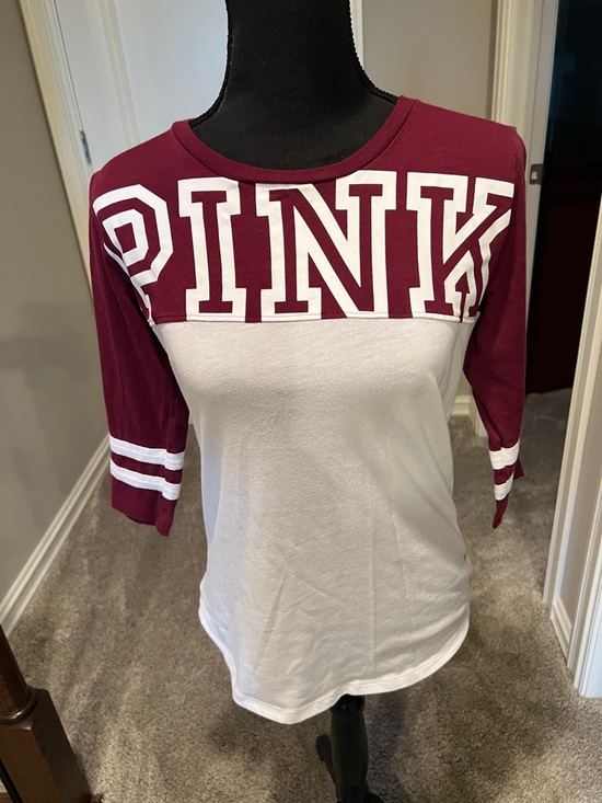 PINK Victoria's Secret Tops - PINK Victoria's Secret Maroon and White Raglan Crewneck Top
